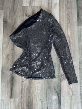 Eclipse Black Silver Sequin One-Shoulder Long-Sleeve Top